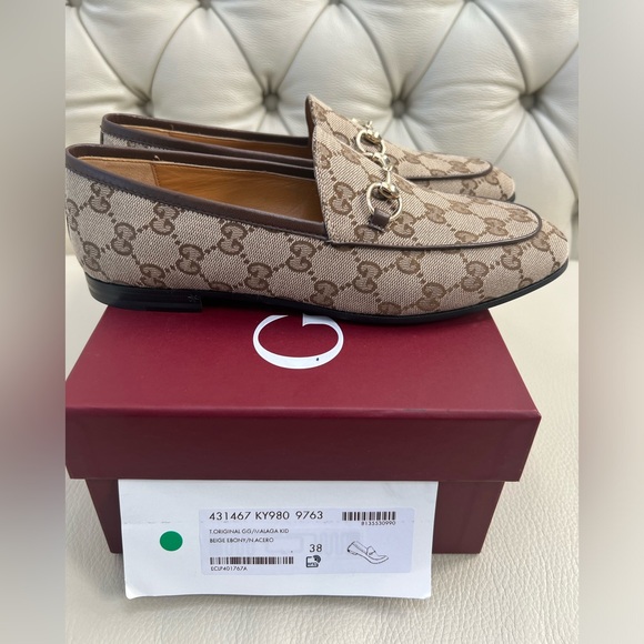 New Gucci Jordaans Loafers Brown Shoes Flats Logo Monogram Leather Canvas - Picture 1 of 9
